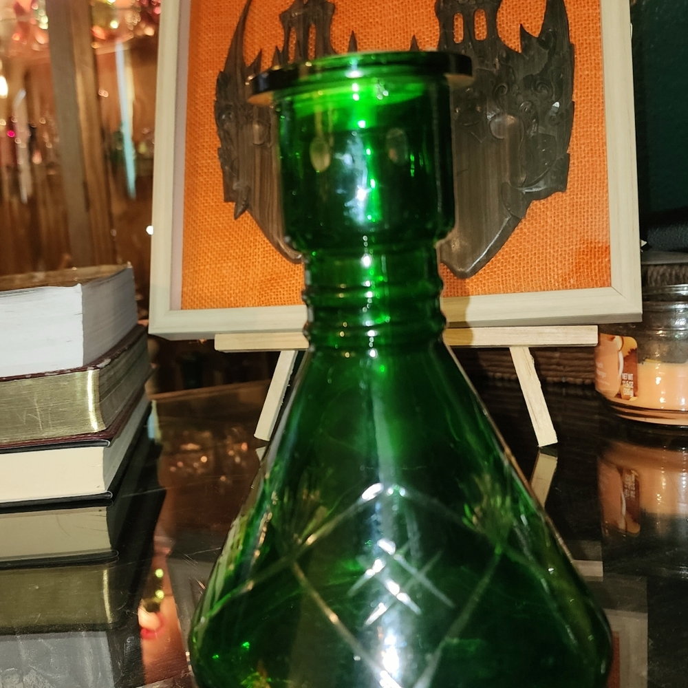 Vintage etched green glass vase